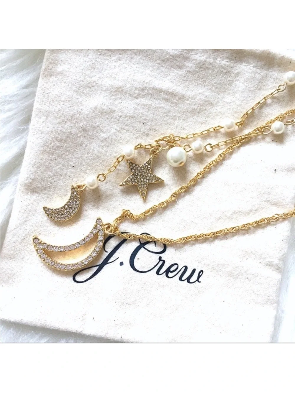 J. Crew Celestial Charm Gold Star & Moon Layered Necklace with Pearl Accents